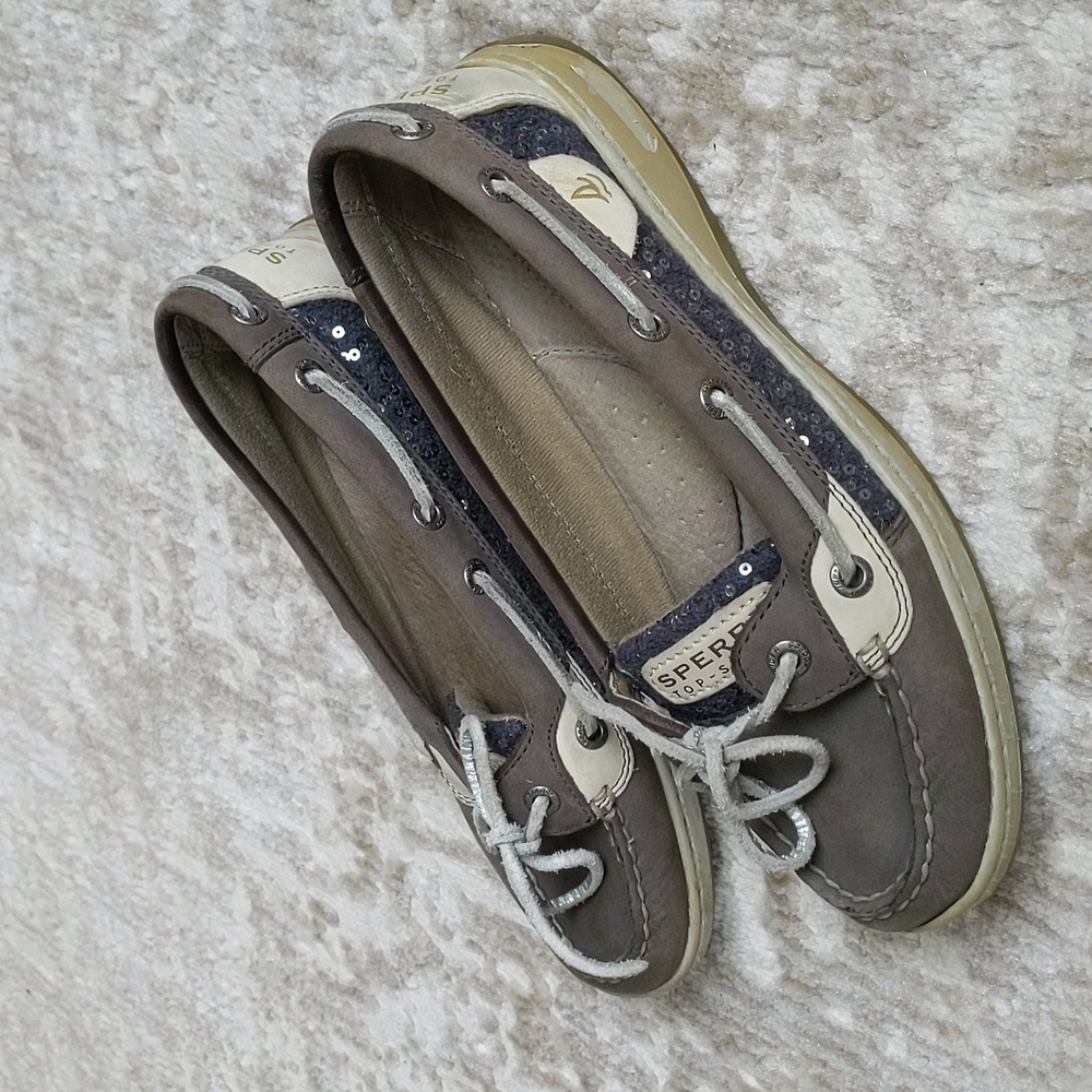 Sperry Top-Sider Sequin Leather Moccasin Shoes 6.5M Tan Gray